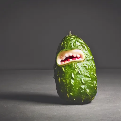 Image similar to portrait photograph of a pickle with a screaming face