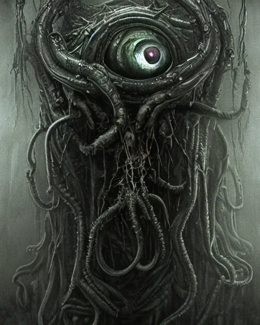 Image similar to gruesome creature with long tentacles and many eyes, endless eye, glowing eyes, too many eyes, midnight fog - mist!, dark oil painting colors, realism, cinematic lighting, various refining methods, micro macro autofocus, ultra definition, award winning photo, photograph by ghostwave - gammell - giger - shadowlord