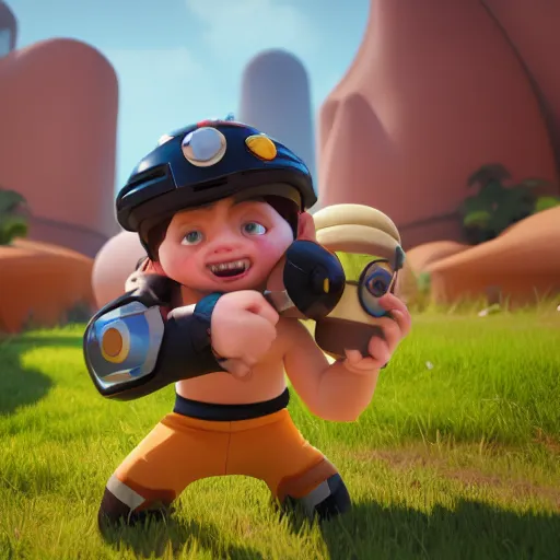 Prompt: a beautiful little boy of random ethnicity with a beautiful and detailed with blond and black hair blowith helmet, rendered as an unreal engine 5 video game, cinema 4 d, octane render, detailed, brawl stars, cinematographic, artstation greg rutkowski, full colors hd