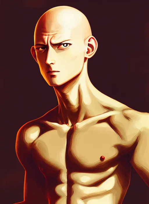 Image similar to handsome saitama, half body shot, path traced, fightهing, highly detailed, high quality, digital painting, alena aenami, lilia alvarado, shinji aramaki, karol bak, alphonse mucha, tom bagshaw