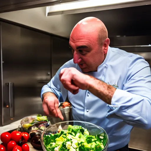 Image similar to Cook Chief Kevin O'Leary cooking a greek salad, in Shark Tank (2016), 50mm photography