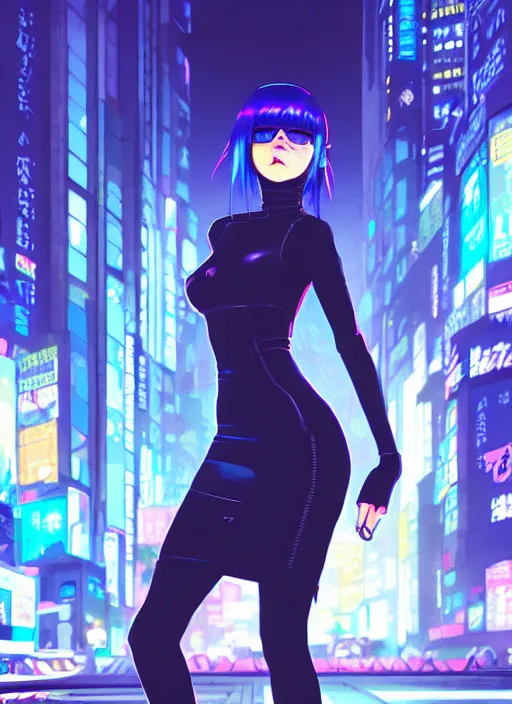 Prompt: hyper realistic photograph of cyberpunk pretty girl with blue hair, wearing a tight black dress, in city street at night, by makoto shinkai, ilya kuvshinov, lois van baarle, rossdraws, basquiat