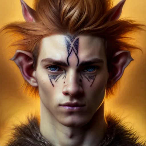 Image similar to portrait painting of an elven male teen with a soft expression and short light orange hair and tribal tattoos on his face wearing fur armor, ultra realistic, concept art, intricate details, eerie, highly detailed, photorealistic, octane render, 8 k, unreal engine. art by artgerm and greg rutkowski and charlie bowater and magali villeneuve and alphonse mucha