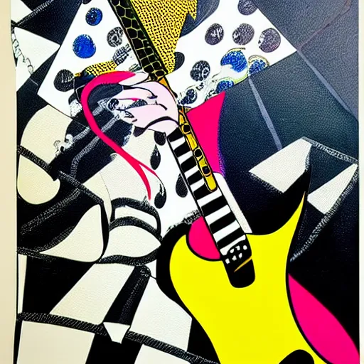 Prompt: Goth girl playing electric guitar by Mario Testino, oil painting by Roy Lichtenstein