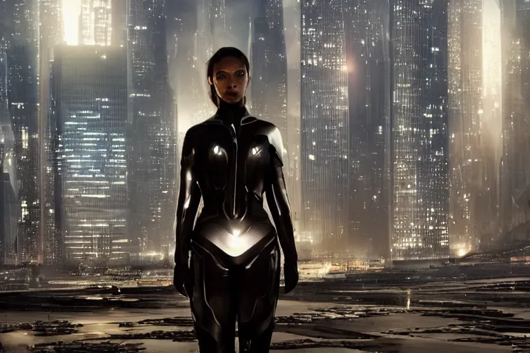 Image similar to VFX movie closeup of a gorgeous futuristic woman in black spandex armor in future city, hero pose, beautiful skin, natural city night lighting by Emmanuel Lubezki