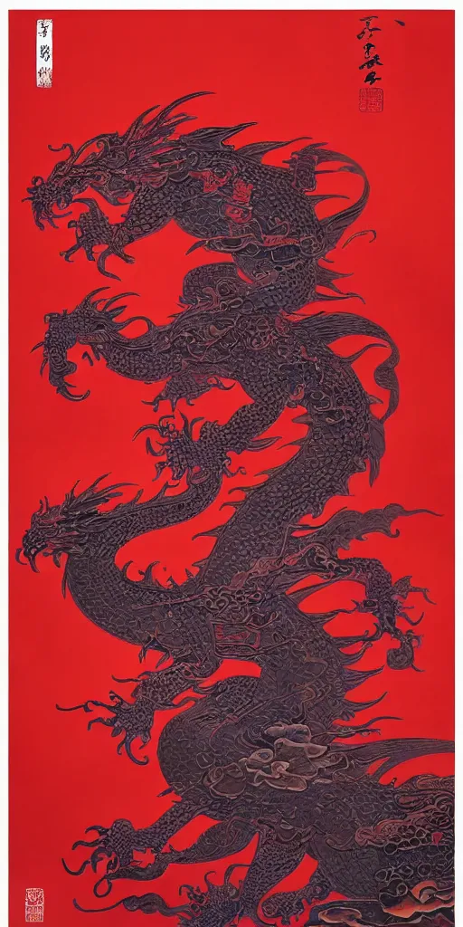 Image similar to a dragon of chinese zodiac composed of traditional chinese patternsby yangqi, by james jean, eyvind earle, zdzislaw beksinski, red and cool colors, dark sunset sky clocor scheme