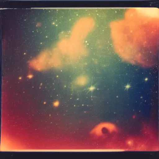 Image similar to vintage polaroid of a woman floating in deep space, detailed clouds, nebula, planets, galaxies, warm azure tones, red color bleed, film grain