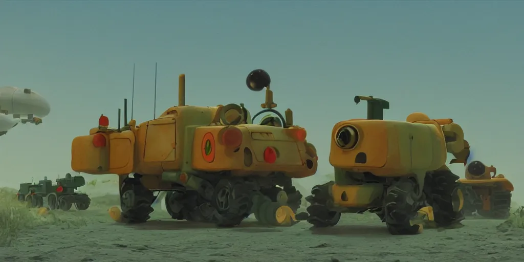 Image similar to cute cartoon little tractor dragging the russian tank, still from film 2 0 0 1 a space odyssey, wes anderson, cinematic, goro fujita, chiho aoshima, beeple, trending on artstation, highly detailed, scene from a movie, soft lighting, 8 k