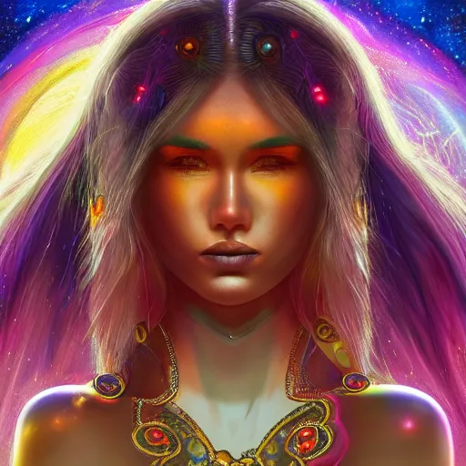 Prompt: highly detailed close up portrait of a celestial girl with a body made of cosmic energy, character art, studio lightning, bright colors, intricate, masterpiece, photorealistic, hiperrealistic, sharp focus, high contrast, artstation hq, deviantart trending, 4 k uhd, unreal engine 5