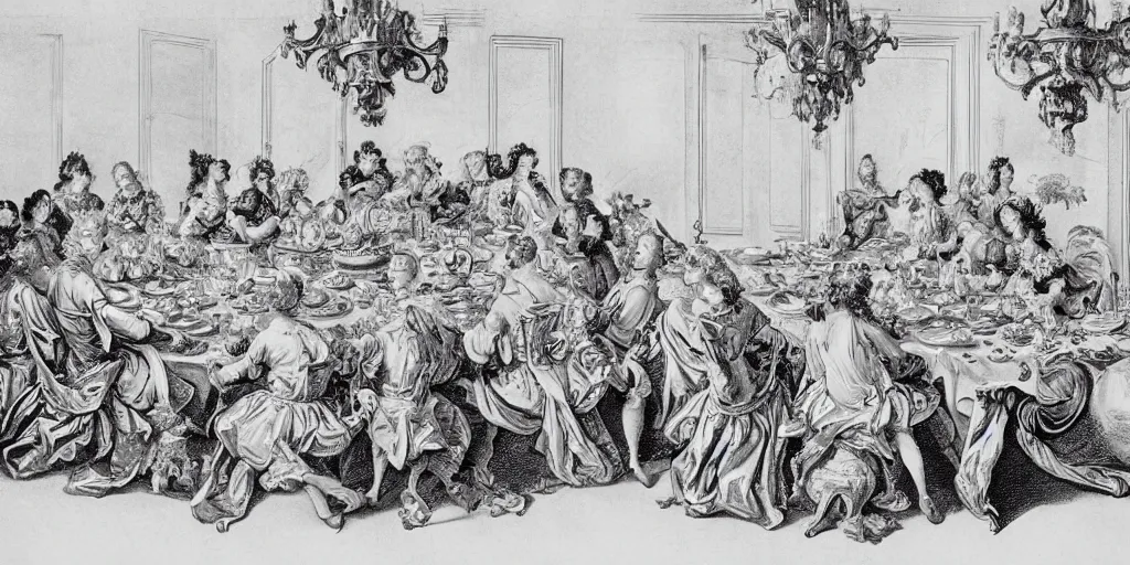 Image similar to rococo style drawing of designer get together to feast on a big table with lots of food and computers