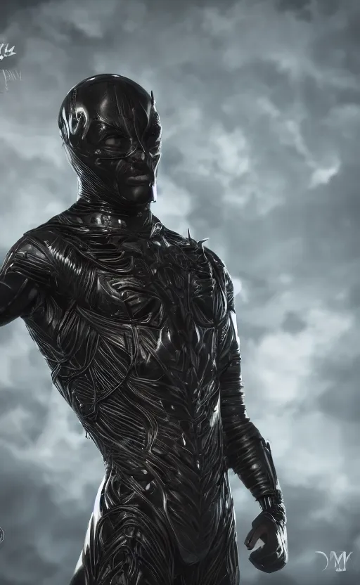 Prompt: dark superhero, male, unsettling religious imagery, gothic, ornate, skin - tight suit, flying, powers, magic, cinematic, ultrarealistic, intricate detail, finely detailed, small details, extra detail, high resolution, 3 d, volumetric lighting, octane render, 8 k, ultradetailed, photorealistic