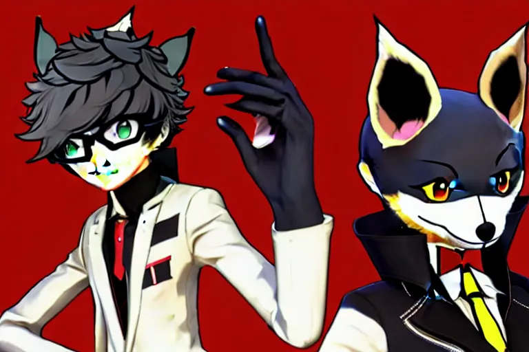 Image similar to in the persona 5 : royal ( by atlus ) video game casino level, a furry male sandcolored tan fox fursona ( has hair ), persona 5 phantom thief style