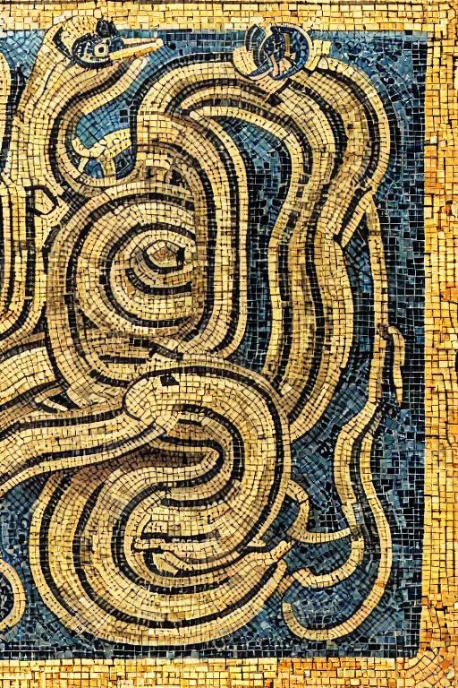 Prompt: a ceramic mosaic of a serpent, detailed faces, intricate detail, ancient babylonian art, occult art, alchemical diagram