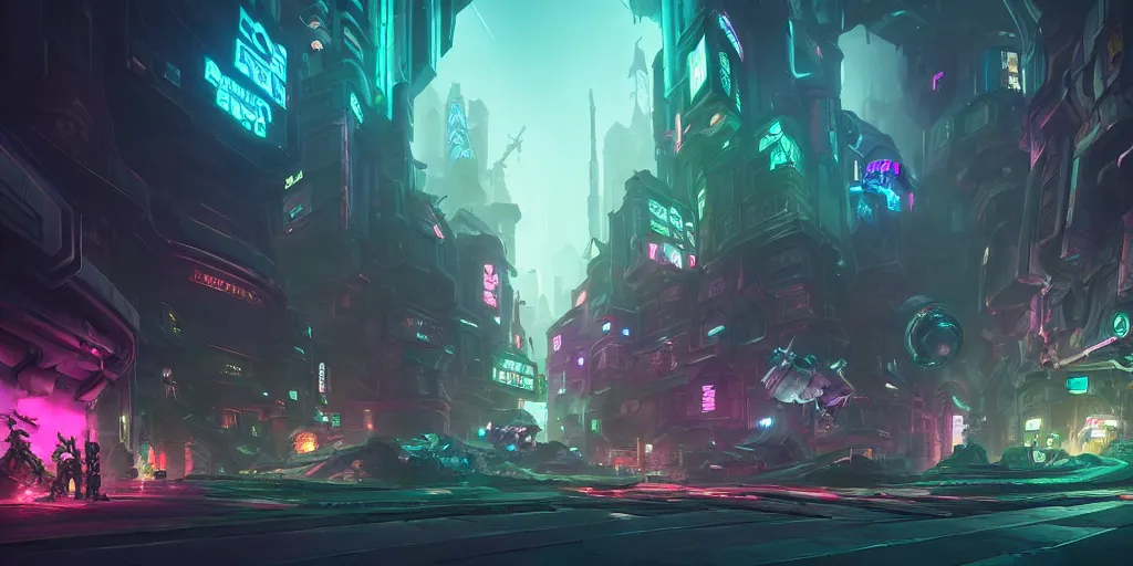 Image similar to wide angle view of piltover underground cyberpunk city, league of legends arcane, highly detailed, digital painting, artstation, concept art, octane render, by federico pelat and liam wong and jonas roscinas and damien peinoit