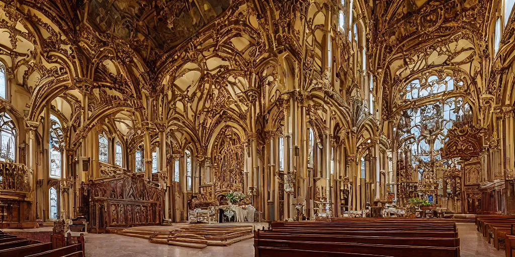 Image similar to the interior of an elegant church filled with detailed ornaments, fantasy, intricate, elegant, modern photo