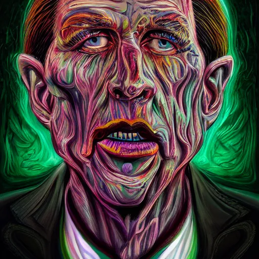 Prompt: an extremely psychedelic portrait of vince mcmahon, surreal, lsd, face, detailed, intricate, horror, elegant, lithe, highly detailed, digital painting, artstation, concept art, smooth, sharp focus, scary, illustration