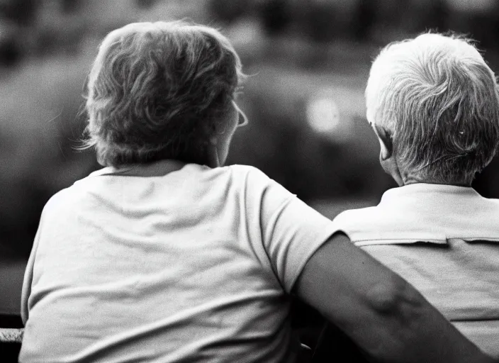 Image similar to a 2 8 mm macro photo from behind of an elderly couple sitting watching the city in silhouette in the 1 9 7 0 s, bokeh, canon 5 0 mm, cinematic lighting, dramatic, film, photography, golden hour, depth of field, award - winning, 3 5 mm film grain, low angle