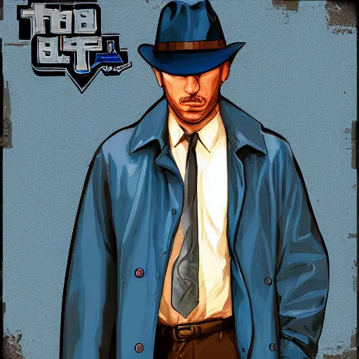 Prompt: man in a blue trench coat and a fedora, gta cover art