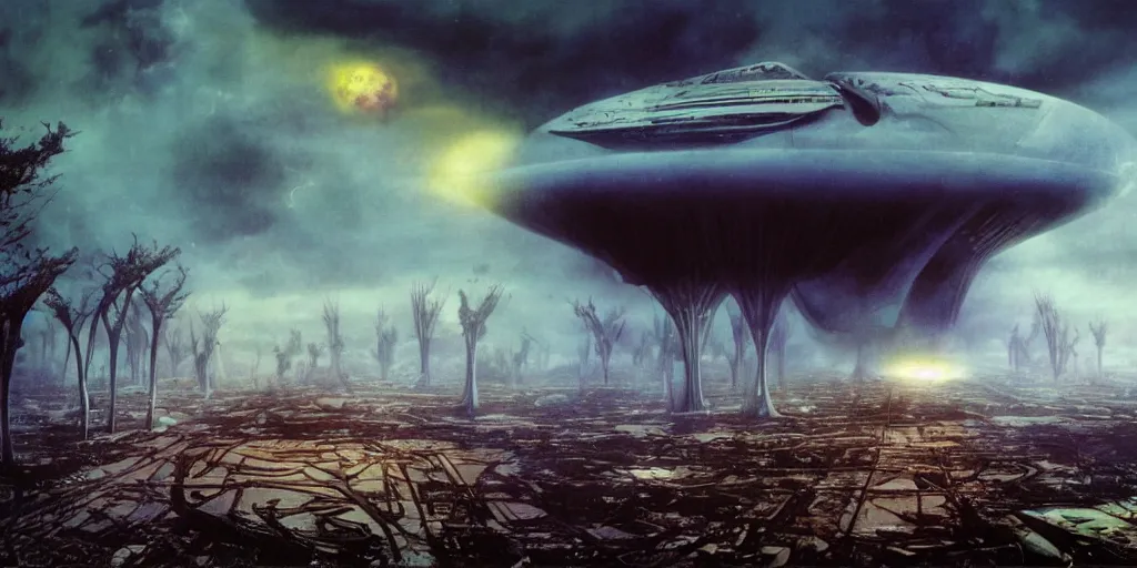 Image similar to future forest city attacked by spaceship, trees, plant, broken buildings, doom of the gods, monster, gravity mess, star trek, glory war, photograph, by arthur haas and bruce pennington and john schoenherr, cinematic matte painting, zaha hadid building, photo realism, dark moody color palate, blue hour stars, desolate glacial landscape,