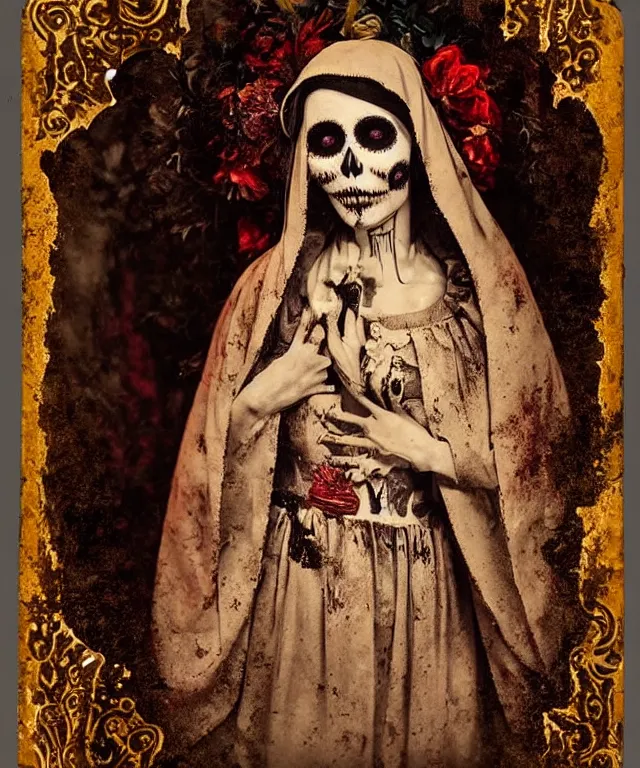 Image similar to tintype virgin mary in dia de muertos dress and make up, horrific beautiful vibe, evocative, atmospheric lighting, painted, intricate, highly detailed,