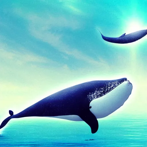 Prompt: photomanipulation of a whale that has tiny fairy wings, inspired by fairy tooth's wings, fully detailed