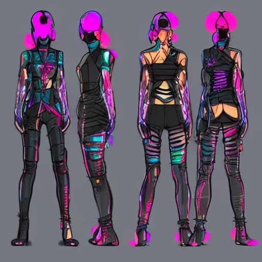 Prompt: cyberpunk outfit, fashion illustration, full body, character sheet, sketch, vivid colour, artistic, rough paper