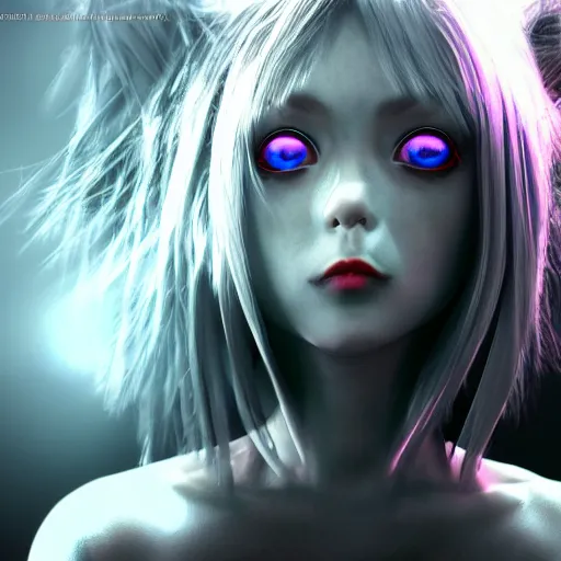 Image similar to photorealistic full shot portrait of angry darkness anime girl, electric aura, inspired by tim burton, detailed, unreal engine 4 k, volumetric light, fog