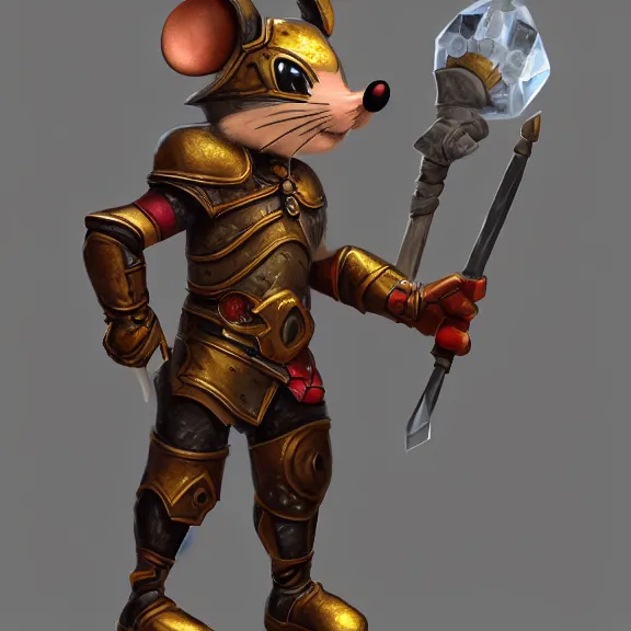 Image similar to anthropomorphic warrior mouse with armor reaching for floating crystal, RPG Portrait, trending on Artstation, Pose Study, Photorealistic, ultra detailed, award winning