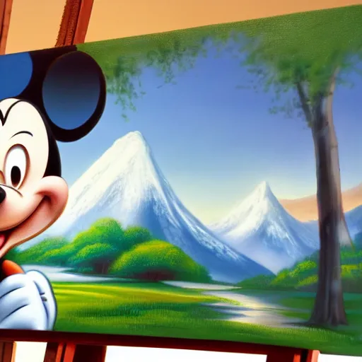 Image similar to a closeup photorealistic photograph of bob ross working on a canvas painting of mickey mouse. film still. brightly lit scene. mountains and trees. this 4 k hd image is trending on artstation, featured on behance, well - rendered, extra crisp, features intricate detail, epic composition and the style of unreal engine.