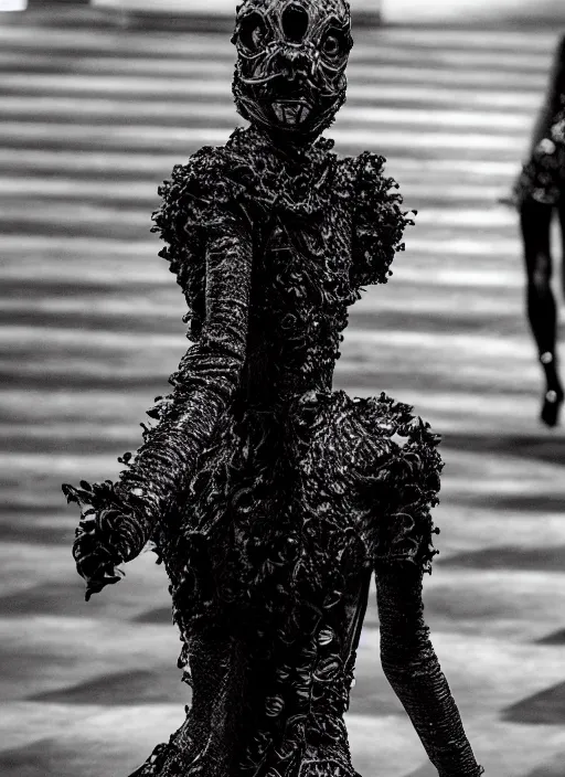 Image similar to walking down the catwalk, steven klein, show, stage, vogue photo, podium, fashion show photo, historical baroque dress dark, iris van herpen, beautiful woman, full body shot, masterpiece, intricate, biopunk, guyver, highly detailed