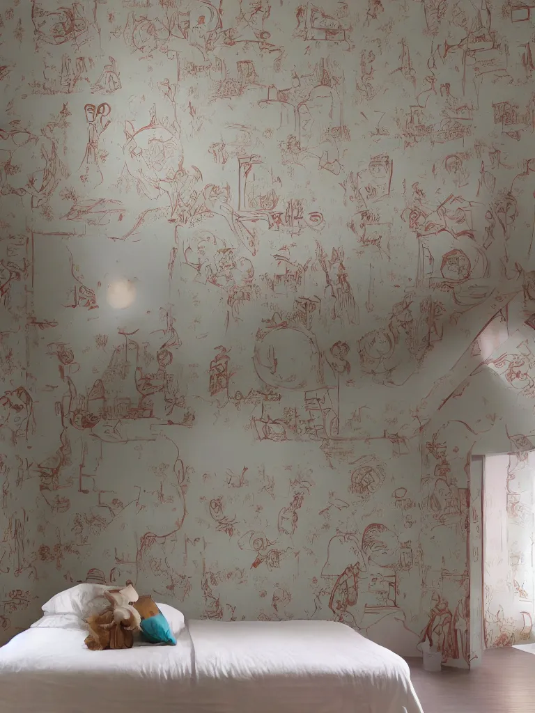 Prompt: wallpapered bedroom by disney concept artists, blunt borders, rule of thirds