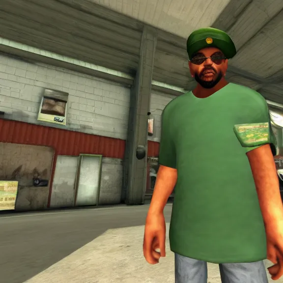 Image similar to screenshot of big smoke in green clothing from gta san andreas for the ps 2