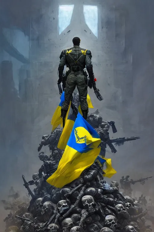 Image similar to A super soldier with Ukrainian blue and yellow flag is standing on a pile of skulls, Call of Duty, marvel, dark, intricate, highly detailed, smooth, artstation, digital illustration by Ruan Jia and Mandy Jurgens and Artgerm and Wayne Barlowe and Greg Rutkowski and Zdislav Beksinski