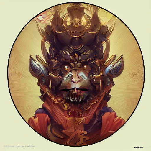 Image similar to Sun Wukong, monkey king, divine, golden ,symmetrical, D&D character art, portrait, digital painting, Peter Mohrbacher, Alphonse Mucha, Brian Froud, Yoshitaka Amano, Kim Keever, Victo Ngai, James Jean