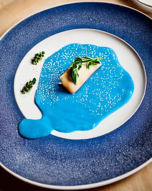Image similar to elegant fancy food photography of dish consisting of a toast with blue liquid spread over it in a michelin star restaurant,