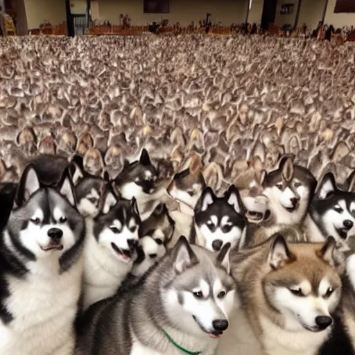 Prompt: a room filled with hundreds of huskies