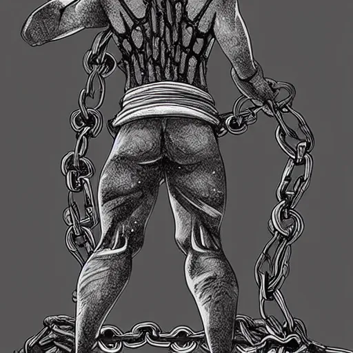 Image similar to A FULL BODY PORTRAIT FROM BEHIND OF MADARA UCHICHA ,THE MAN KEEPS A KUSARIGAMA AND IT IS WRAPPED IN CHAINS ,detailed, concept art, ink style , sketch