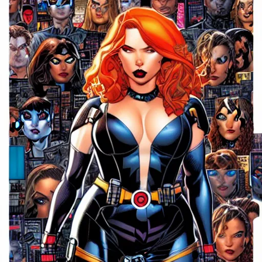 Prompt: michael golden and sandra chevrier comic cover art, full body black widow, perfectly symmetrical facial features, tight fit, rim lighting, vivid colors, j. scott campbell