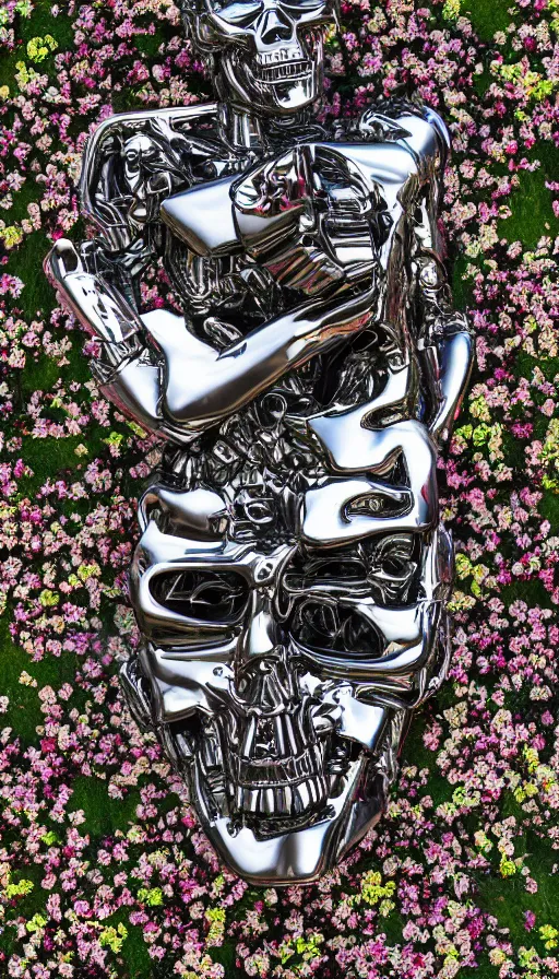 Image similar to destroyed terminator lying in a field of flowers, twisted metal, chrome, reflections, anthropomorphic, photorealism, smoke, metal, 8 k, surreal, wires, smooth, sharp focus, top view, extremely detailed, hyperrealism, elegant, establishing shot, by jeff koons, artgerm and greg rutkowski