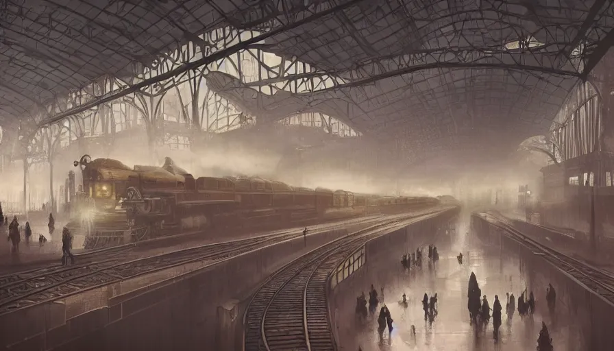 Prompt: Dieselpunk railway station, perfect perspective, 2 point perspective, steam, epic composition, intricate, elegant, volumetric lighting, digital painting, highly detailed, artstation, sharp focus, illustration, concept art, ruan jia, steve mccurry