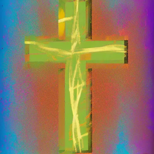 Prompt: christian cross art.. digital layered. visible paint strokes.