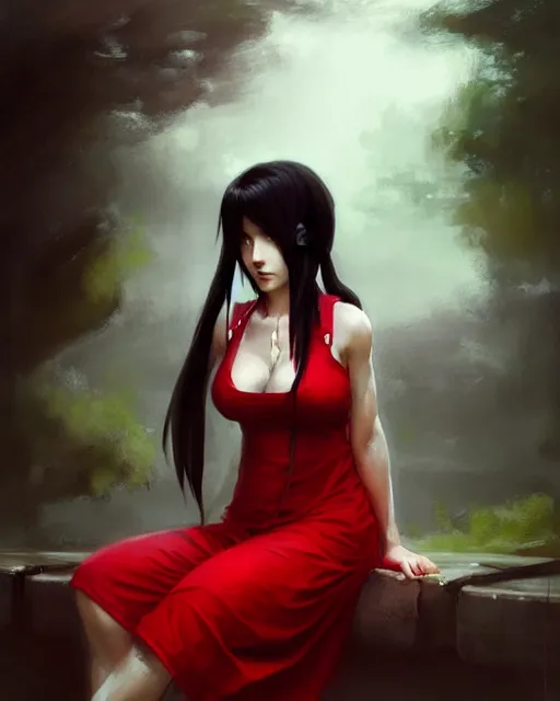 Image similar to tifa lockhart in a red cottagecore dress, portrait, illustration, rim light, top light, overcast cloudy weather, perfectly shaded, soft painting, art by krenz cushart, william turner and wenjun lin