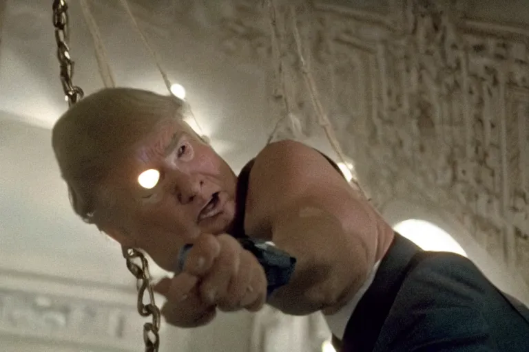 Prompt: movie still of donald trump in mission impossible, hanging from the ceiling, photograph, tv show, cinematic