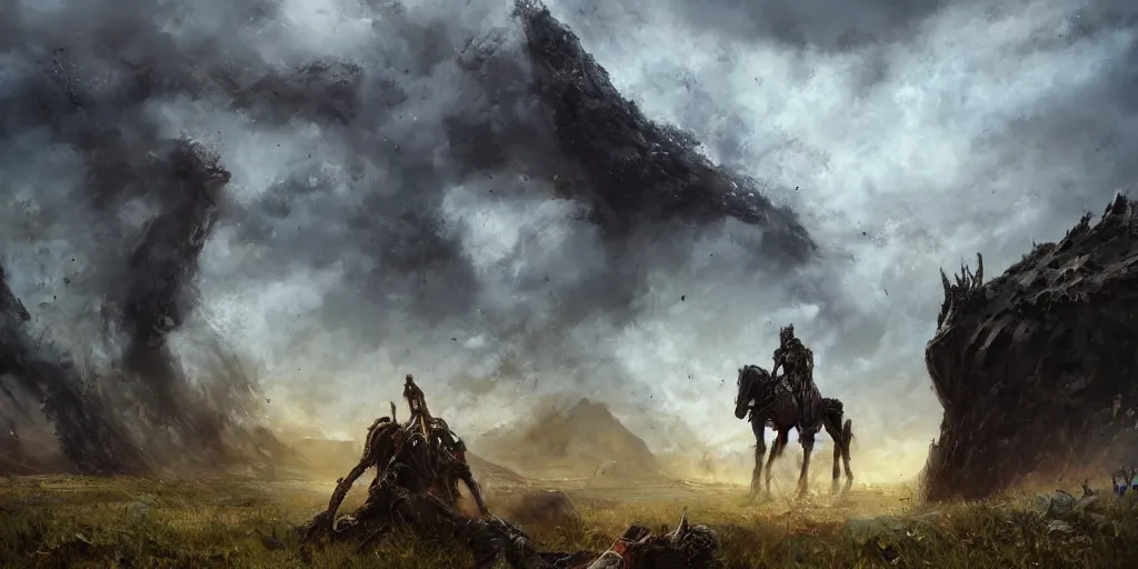 Prompt: 88grzes a horseman in front of a hole in ruined broken steel titan colossus laying on his knees field road to star gateway wheel, corps scattered on the ground, black volcano afar, fine art, artstation, matte painting, masterpiece by vasnetsov