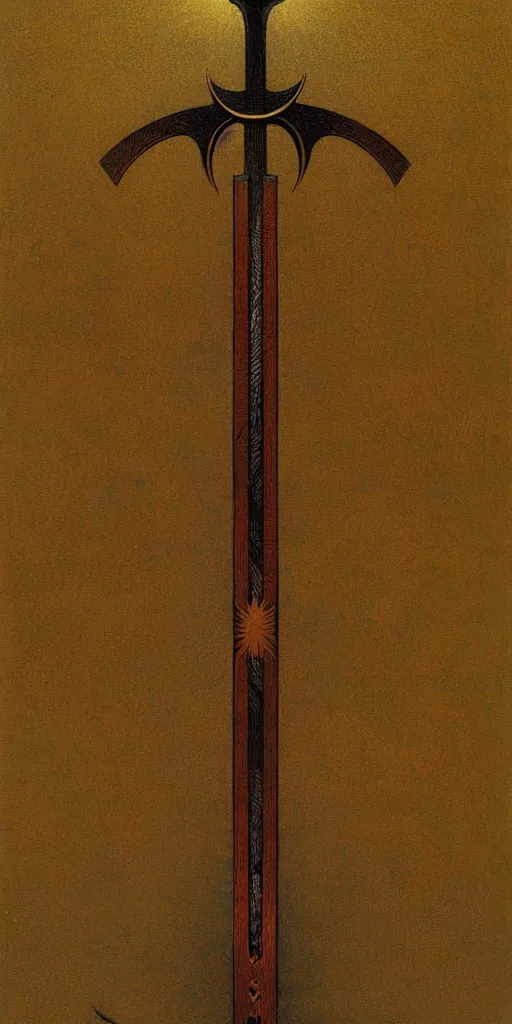 Image similar to a sword in the style of zdzisław beksinski, elegant, gold and oak inlay, sun motif, holy