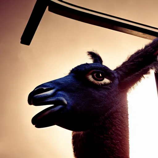 Image similar to film still of a llama dunking a basketball, low angle, extreme long shot, indoors, dramatic backlighting