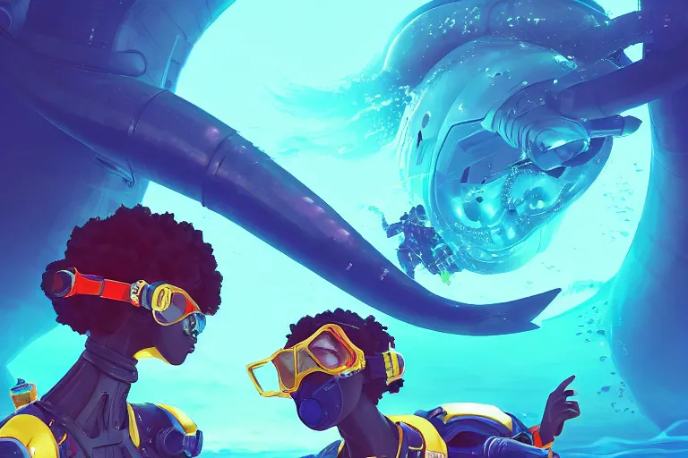 Image similar to afro - futurist scuba divers swimming away from a gigantic alien fish | hyperrealistic digital painting by makoto shinkai, ilya kuvshinov, lois van baarle, rossdraws | afrofuturism in the style of hearthstone and overwatch, trending on artstation