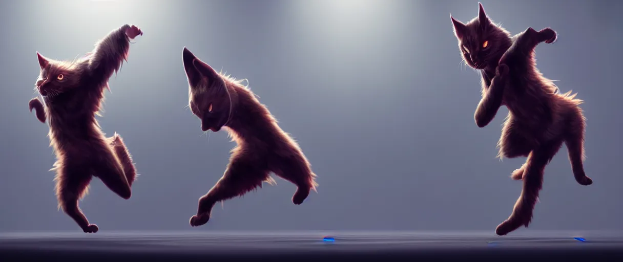 Image similar to hyperrealistic hyper detailed energetic choonky catman dancing concept art key sage sharp cinematic lighting 8k wide angle shallow depth of field