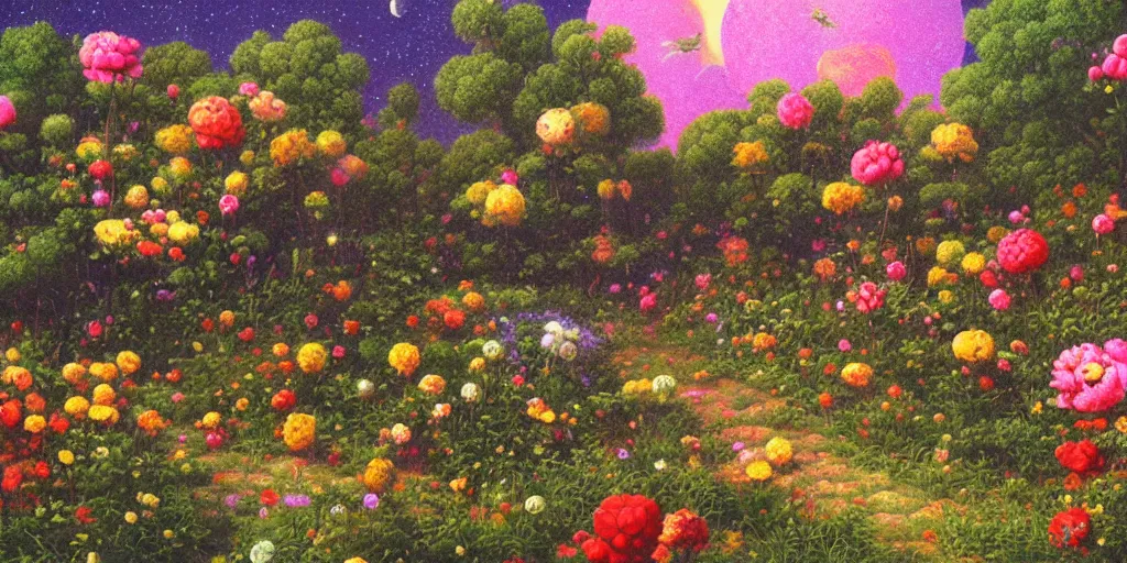 Prompt: a flowering garden on the moon, 👽🤖, impasto paint in the style of martin johnson heade and mark ryden,