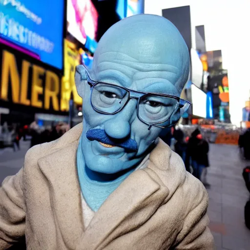 Image similar to a photograph of a very detailed renaissance sculpture of walter white as a smurf in times square, made by michelangelo, from the distance, hyper detailed, sharp focus, 8 k resolution, ray tracing